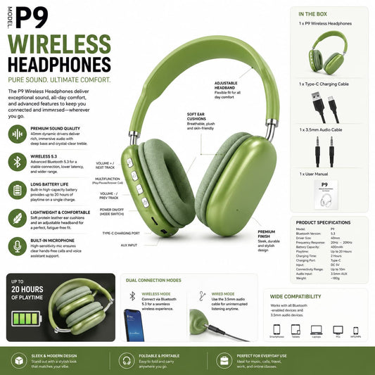 P9 Bluetooth Wireless Headphones – Foldable & Comfortable Fit