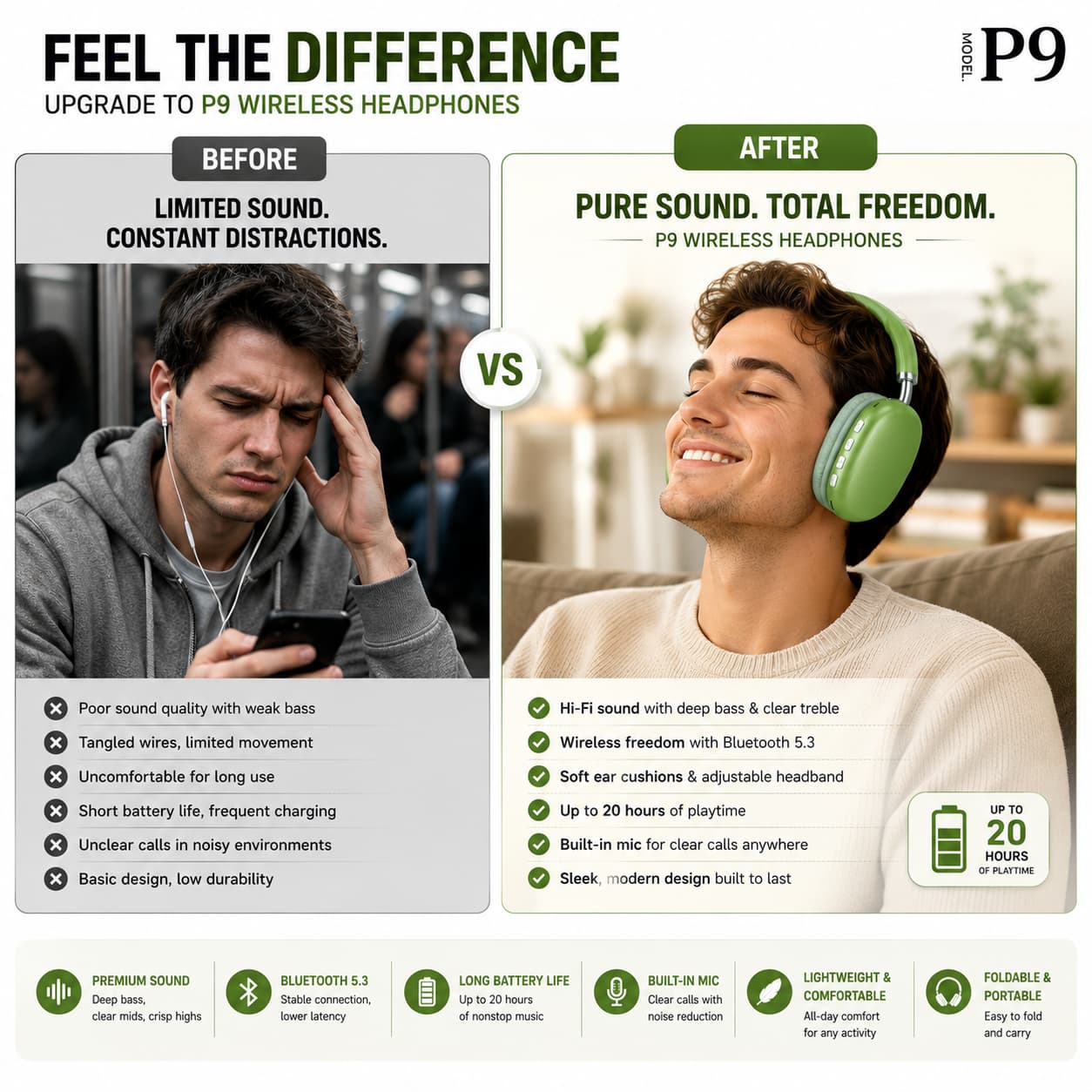 P9 Bluetooth Wireless Headphones – Foldable & Comfortable Fit
