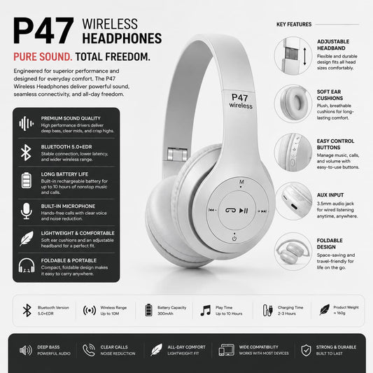 P47 Wireless Bluetooth Headphones – Hi-Fi Stereo Sound, Built-in Mic & Foldable Design