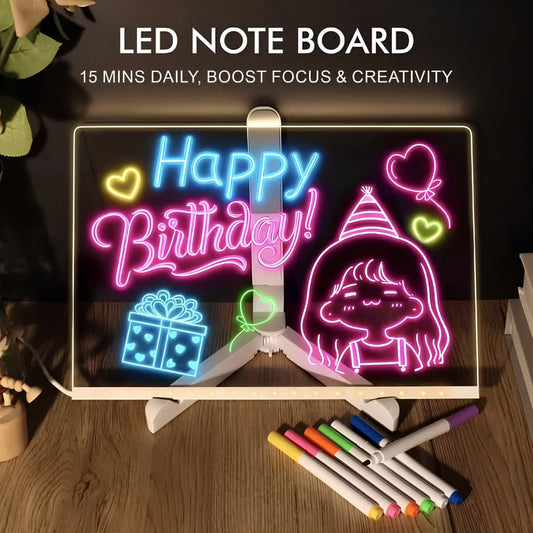Glowing LED Acrylic Writing Board with 7 Neon Markers β USB Light-Up 30x20 Cm
