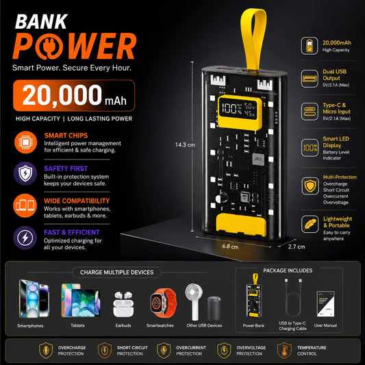 20,000mAh Fast Charging Power Bank – Dual USB Portable Battery Pack with LED Display