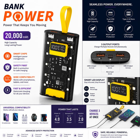20,000mAh Fast Charging Power Bank – Dual USB Portable Battery Pack with LED Display