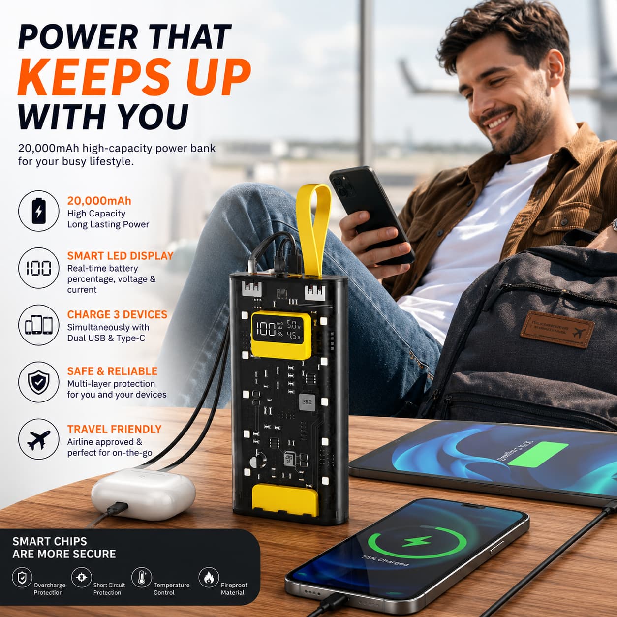 20,000mAh Fast Charging Power Bank – Dual USB Portable Battery Pack with LED Display