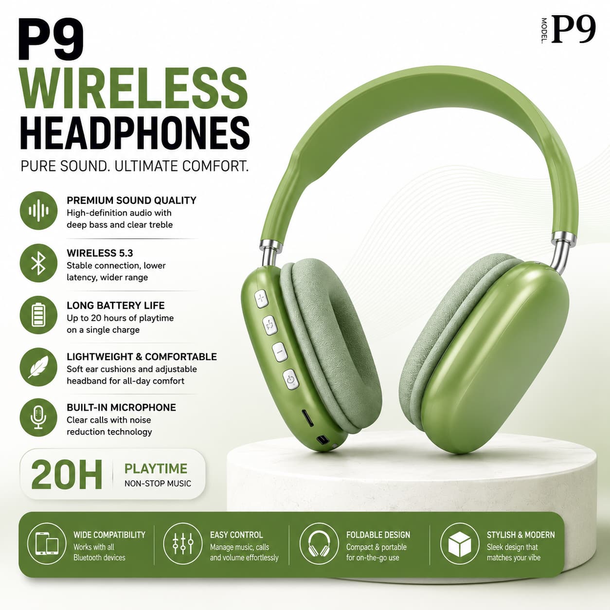 P9 Bluetooth Wireless Headphones – Foldable & Comfortable Fit