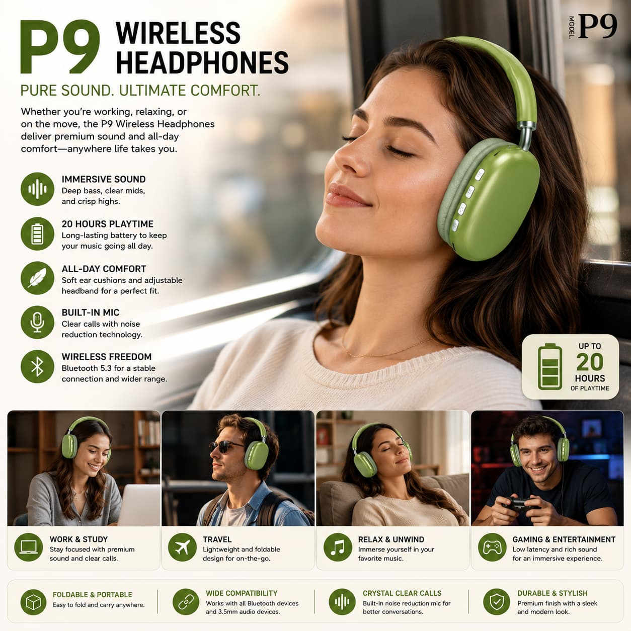 P9 Bluetooth Wireless Headphones – Foldable & Comfortable Fit