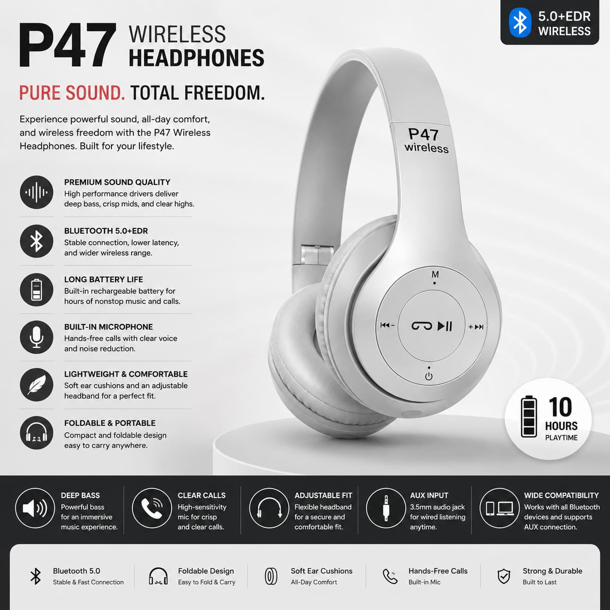 P47 Wireless Bluetooth Headphones – Hi-Fi Stereo Sound,  Built-in Mic & Foldable Design