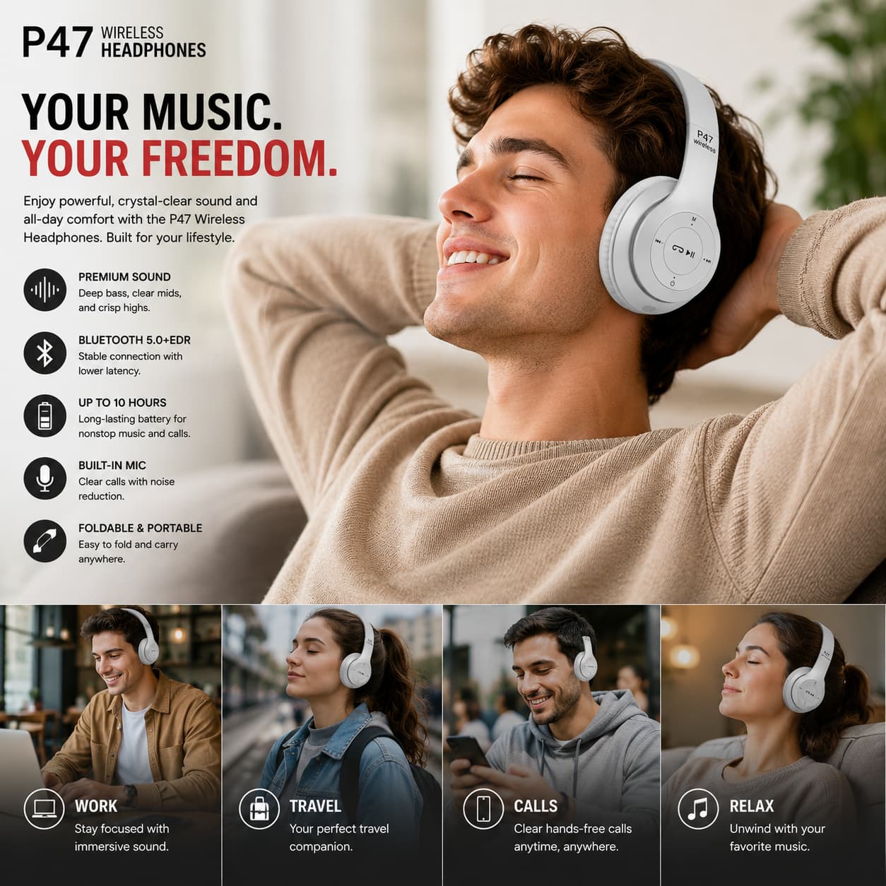 P47 Wireless Bluetooth Headphones – Hi-Fi Stereo Sound,  Built-in Mic & Foldable Design